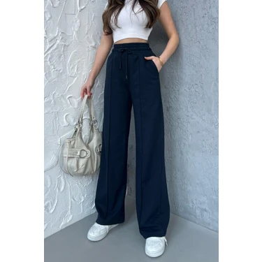 Kadın Mevsimlik Salaş Geniş Paça Yüksek Bel Lacivert Eşofman