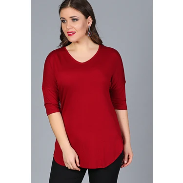 Curvy Trend Büyük Beden Yarım Kol Bluz Kadınlar İçin Bordo Renk V Yaka