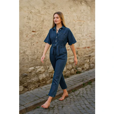 Banny Jeans Kadın Yarasa Kol Jean Tulum Koyu