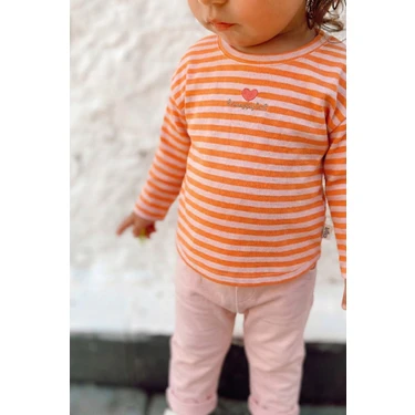 Cigit Çizgili Triko Kız Bebek Takım 0-3 Yaş Pudra Şeftali
