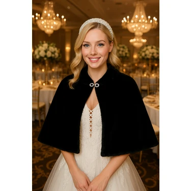 Elegance Scarf Uzun Broşlu Kürk Etol Gelin Bolero Siyah Standart