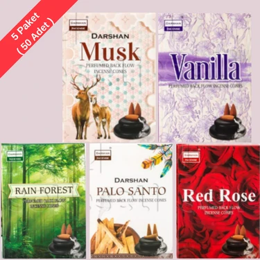 Darshan Geri Akışlı (Şelale) Tütsü Konileri - 5'li Mega Set (Musk, Vanilla, Rain Forest, Palo