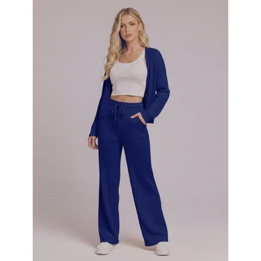 Trendseninle Kadın Lacivert Fitilli Örme Yelek Pantolon
