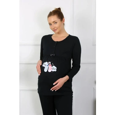 Alfa Aksesuar 03 Moda Kadın Uzun Kol Hamile Lohusa Pijama Takımı Siyah