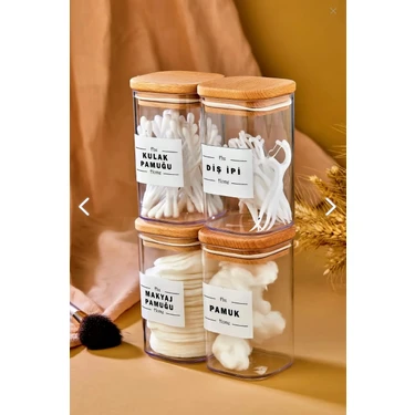 Fbz Home 4'lü 250 ml Ahşap Kapaklı Akrilik Diş Ipi & Kulak Pamuğu & Pamuk & Makyaj Pamuğu Banyo