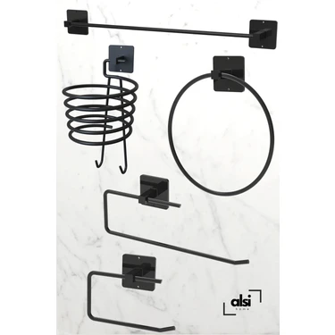 Alsi Home Yapışkanlı 5 Li Siyah Uzun Havlu Askısı Fön Askısı Wc Kağıtlık Rulo Havluluk Askı Banyo
