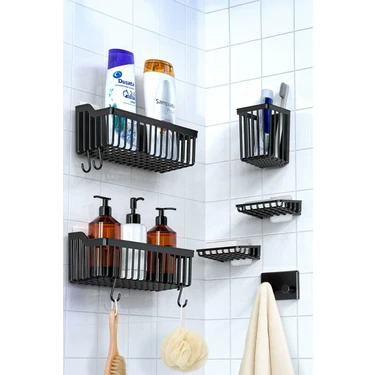 Ata Home Banyor 6'lı Banyo Seti Yapışkanlı Banyo Düzenleyici Şampuanlık Diş Fırçalık Sabunluk
