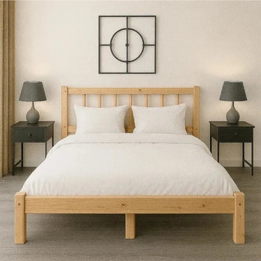 Pinoxi 150CM x 200CM Doğal Masif Ahşap Yuvarlak Çıtalı Başlıklı Karyola Doğal Ahşap Natural
