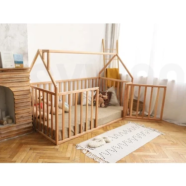 75 cm Korkuluklu Ahşap Montessori Karyola - Masif Ahşap Karyola -