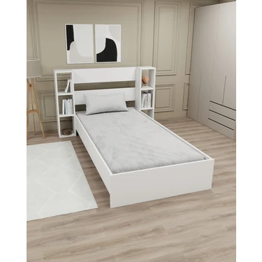 Arnetti Smart 90x190 Ölçülerinde Yatak Uyumlu Raflı Tek Kişilik Karyola, Beyaz -