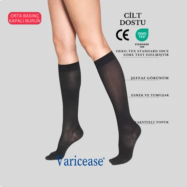 Varicease 7211 Comfort Ccl-2 Orta Basınç (23-32 mmHg) Diz Altı Kapalı Burun Varis Çorabı - Siyah ve