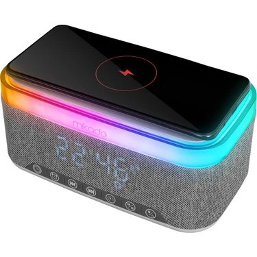 Mikado Md-W8 1200MAH 10W Gri Bluetooth-Usb-Kablosuz Şarj Rgb-Gece Lambası Özellikli Alarmlı Saat