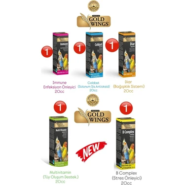 Gold Wings Kuş Vitamin Seti (5) 20C Muhabbet Kuşu Kanarya Papağan A-B-D3-E-C-K Vitaminleri