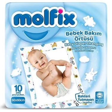 Molfix Bebek Bakım Örtüsü Sıvı Geçirmez Hafif Yapı 10 Adet 60x60 cm Renkli