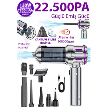 Dybox 22500PA 130W 7800 Bataryalı Güçlü Portatif Vakumlu Kablosuz Üflemeli Mini Araç