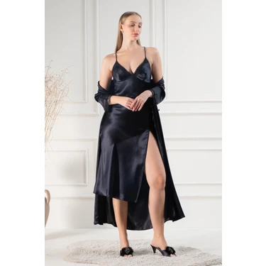 Lunoche Nightwear Kadın Güpür Dantel ve Sırt Detaylı Uzun Saten Çeyizlik Ikili Gecelik Sabahlık