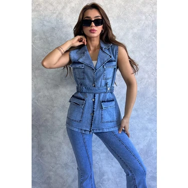 Julude Mavi Cepli Bel Kemerli Kadın Likralı Jean Kot Yelek