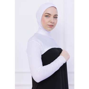 Balıkçı Yaka Boyunluklu Kolluk Beyaz  - Likralı Dik Yakalı Kadın Body Tesettür Crop