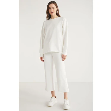 Ethiquet Venüs Kadın Regular 100% Pamuk Içi Polarsız Yuvarlak Yaka Beli Lastikli Beyaz Eşofman