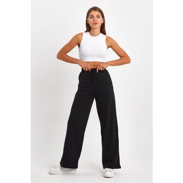 Mmetalic Kadın Mevsimlik Salaş Geniş Rahat Paça Yan Cepli Siyah Eşofman