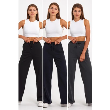 Mmetalic Siyah-Lacivert-Antrasit Kadın Mevsimlik Salaş Geniş Rahat Paça Yan Cepli 3'lü Eşofman