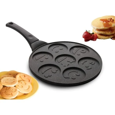Yeni Granit Döküm Emojili Pankek Krep Tavası 28 cm Gri Dayanıklı Kaplama ile Tek