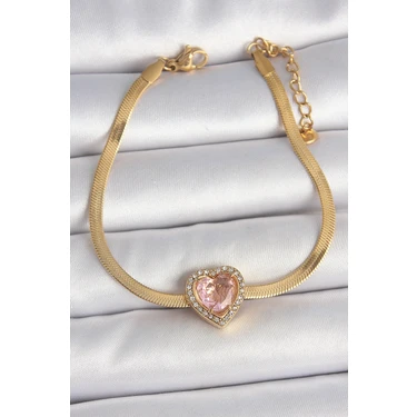 Çelik Gold Renk Italyan Zincir Pembe Zirkon Taşlı Kalp Model Kadın