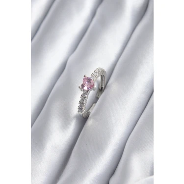 Emh Store Gümüş Renk Zirkon Taşlı Pembe Kristal Kalp Model Kadın Yüzük -