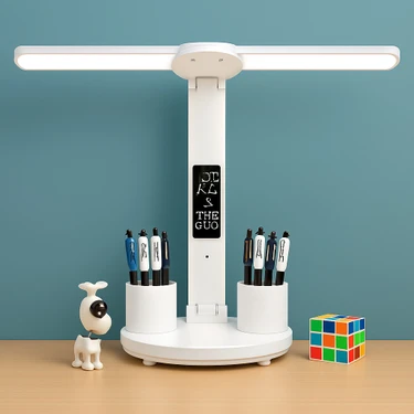Çift Başlıklı LED Masa Lambası – Katlanabilir, Dokunmatik, Takvimli ve Saatli USB Okuma Lambası |