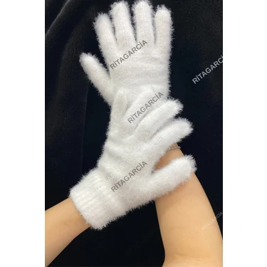 Ritagarcia Kadın Peluş Uzun Eldiven Beyaz Düz Desenli Kaymaz Özellikli Türkiye
