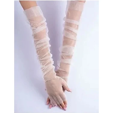 Elegance Scarf Kadın Uzun Beyaz Tül Kesik Parmak Gelin Eldiveni Zarif Şıklık ve