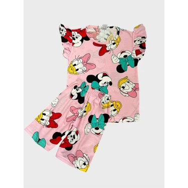 Kız Çocuk Pamuklu Pembe Kısa Kollu Kolları Fırfırlı Şortlu Yazlık Pijama