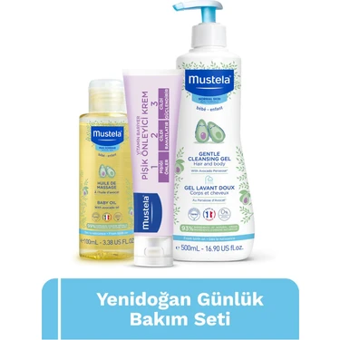 Mustela Bebek Günlük Bakım Seti – 500 ml Şampuan, 50 ml Pişik Önleyici Krem ve 100 ml Nemlendirici