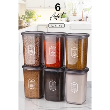 Kitchen Life 6'lı Etiketli Square Kare Erzak Saklama Kabı Seti 1200 ml - Sert Kapaklı Düzenleyici
