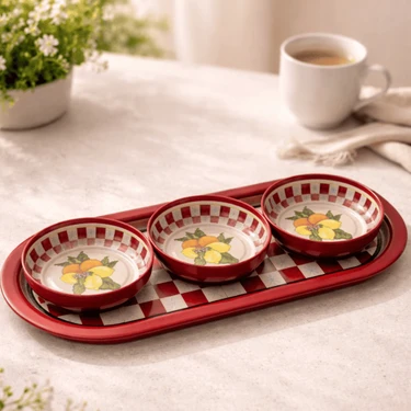Sarkap Home 3'lü 10x3,2 cm Çerezlik ve 16x35 cm Sunumluk Tepsi Seti - Lemon Design