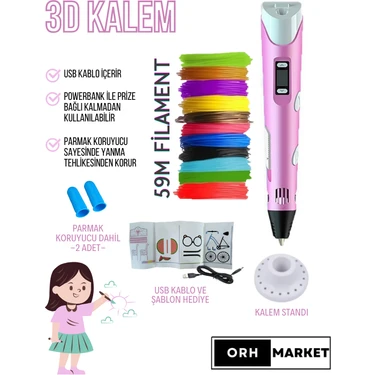 ORH MARKET 3D Kalem USB Kablolu Üç Boyutlu Yazıcı Kalem Printer-Pembe (Çok Renkli Filament