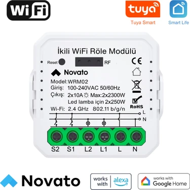Novato Tuya Uyumlu Ikili Wifi Akıllı Anahtar ( 2X10A / 220V Röle) Çift Çıkışlı, Anahtar Girişli,
