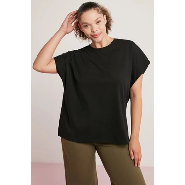 ETHIQUET Dory Kadın 100% Pamuk Oversize Fit Yarasa Kol Yuvarlak Yaka Siyah Büyük Beden