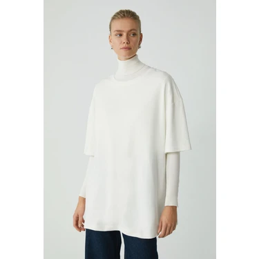 Ethiquet Modest Vıvıan Kadın %100 Organik Pamuklu Oversize Fit Bisiklet Yaka Krem Büyük Beden