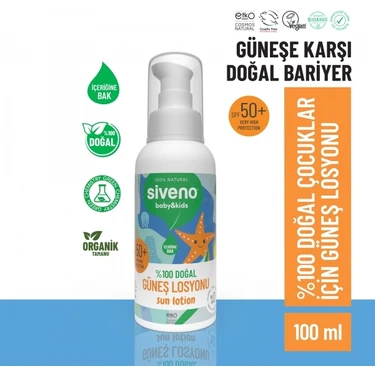 Siveno %100 Doğal Çocuk Güneş Losyonu Leke Karşıtı Antioksidan Nemlendirici Bitkisel Vegan SPF 50+