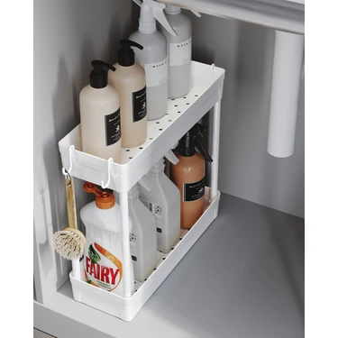 Ata Home Rafata Çok Amaçlı 2 Katlı Evye Altı Düzenleyici Askılı Banyo Düzenleyici Dolap Içi