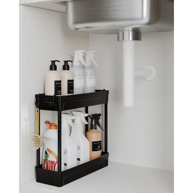 Ata Home Rafata Çok Amaçlı 2 Katlı Evye Altı Düzenleyici Askılı Banyo Düzenleyici Dolap Içi