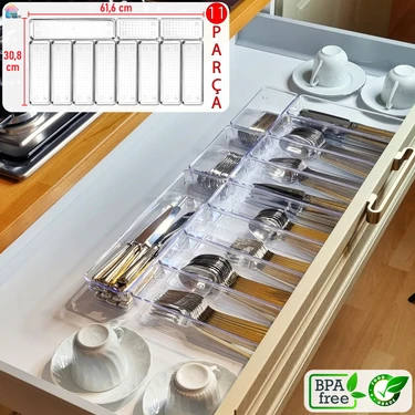 Color House 11'li Set Modüler Kaşıklık Mutfak Çekmece Içi Organizer Şeffaf Clear Çatal Bıçak Kaşık