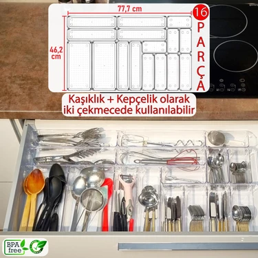 Color House 16'lı Set Modüler Kepçelik ve Kaşıklık Çekmece Içi Düzenleyici Şeffaf Clear Mutfak