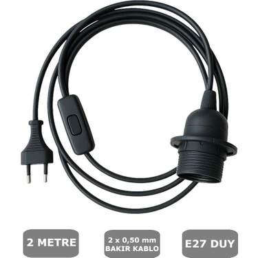 Conana E27 Duylu 2 Metre Arapuarlı (Aç Kapat Anahtar) Fişli Abajur Duyu Seyyar (2X0,50)