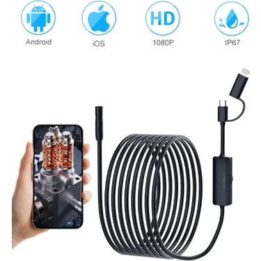 Vothoon 5 Metre Endoskop Yılan Video Kamera Ios ve Android Uyumlu Led'li 8 mm Sert Kablo