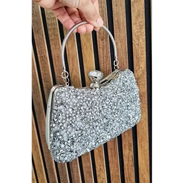 Kadın Gümüş Kristal Iri Taşlı Abiye Çantası Özel Gün