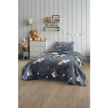 Formeya Gofret Detaylı Astronot Baskılı Çocuk-Genç Odası Tek Kişilik Pike 160x230 cm (1 Adet Yastık