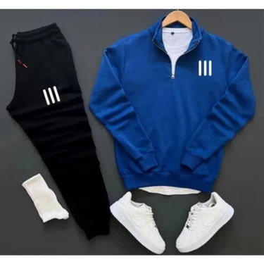 Yoho Sport Unisex Üç Çizgi Baskılı Yarım Fermuarlı Sweatshirt-Eşofman Altı Set