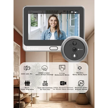 Ezviz DP2 - (3WPFBS,3MP) Wi-Fi Akıllı Kapı Görüntüleyicisi 2k; 166° görüş; 4.3'' ekran; İnsan